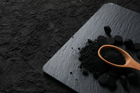 Activated charcoal powder in a wooden spoon on a dark backgroundの写真素材