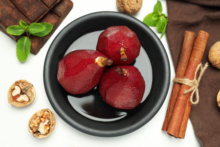 Tasty and delicious food concept - pear in wineの写真素材