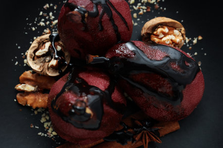 Tasty and delicious food concept - pear in wineの写真素材