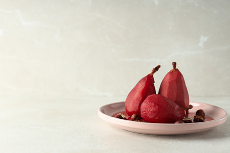 Tasty and delicious food concept - pear in wineの写真素材
