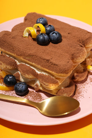 Concept of sweet food, Tiramisu cake, close up
