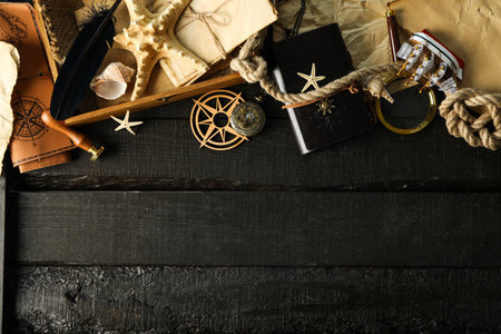 Columbus Day. Accessories for sailors on a dark background