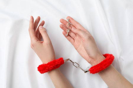 Red, fluffy handcuffs for sex play on a white background.の写真素材