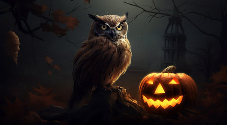 Owl with a pumpkin for Halloween, created with Generative AI technology.の素材