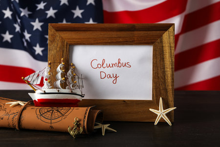 Columbus Day. Wooden frame with the inscription "Columbus Day"の写真素材