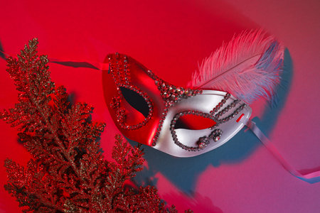 Carnival mask with feather on dark background, top viewの写真素材