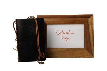 Vintage notebook with wooden frame, isolated on white backgroundの写真素材