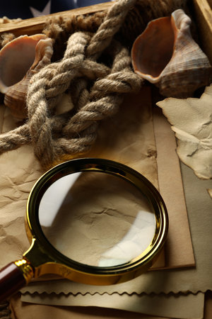 Columbus day. Magnifying glass with rope and old lettersの写真素材