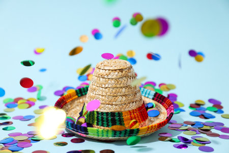 Confetti and hat on blue background, close upの写真素材