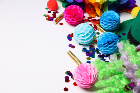 Party supplies on white background, space for textの写真素材