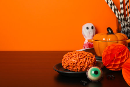 Table setting for Halloween, scary decorations with pumpkinsの写真素材