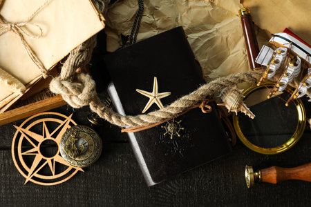 Columbus Day. Accessories for sailors on a dark backgroundの写真素材