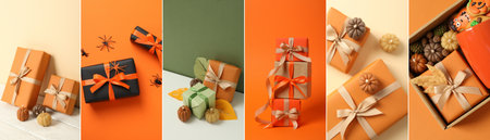 Collage of photos of a box with a gift, in the autumn style.の写真素材