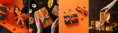 Collage of photos of a box with a gift, in the autumn style.の写真素材