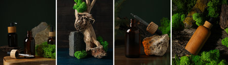 Collage of photos of ecological cosmetics from natural materials.の写真素材