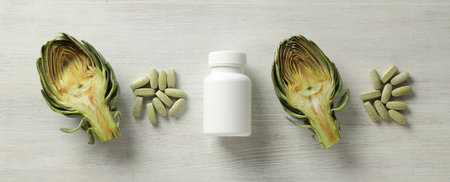 Products for healthcare, healthcare concept - artichoke medicineの写真素材