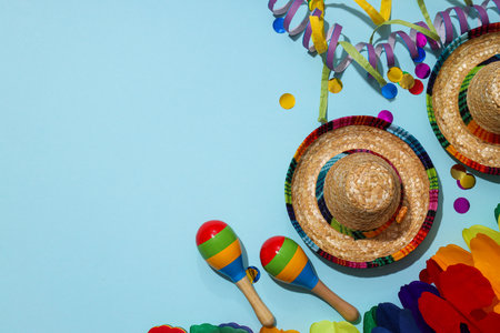 Serpentine, marocassees and hats on blue background, space for textの写真素材
