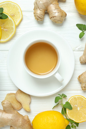 Cold treatment, healthcare concept - tea with gingerの写真素材