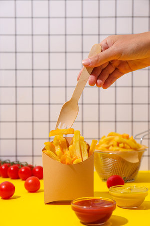 Fried potato, tasty and fast food concept