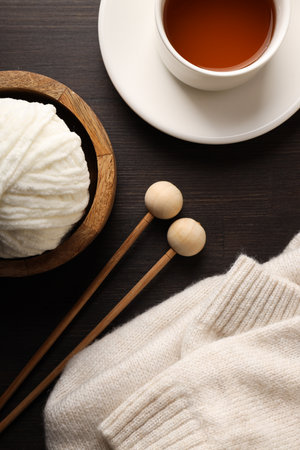 Concept of hobby, cozy winter and autumn hobby - knittingの写真素材