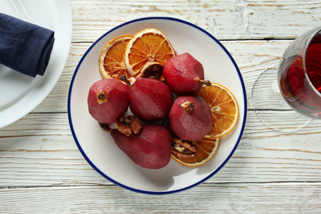 Tasty and delicious food concept - pear in wineの写真素材