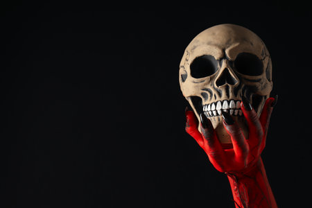Creepy, red hands of the monster hold the skullの写真素材