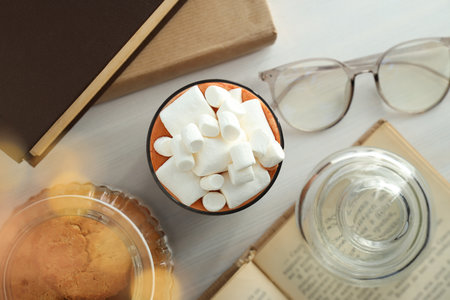 Concept of sweet drink, tasty cocoa drink with marshmallow, top viewの写真素材