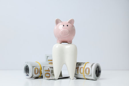 Piggy bank, decorative tooth and money on white backgroundの写真素材