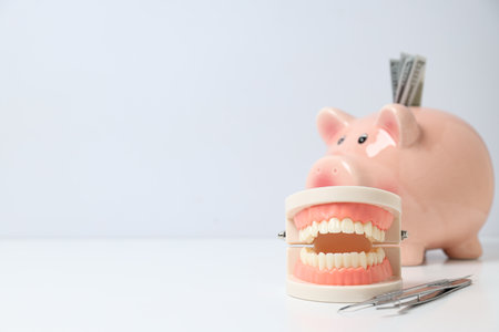 Piggy bank and decorative jaw on white background, space for text