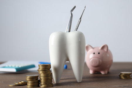 Piggy bank, decorative tooth and coins on white background, close upの写真素材