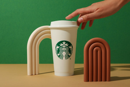 Ukraine, Kyiv, 08/24/2023: Starbucks coffee cup with logo, with geometric shapes.のeditorial素材