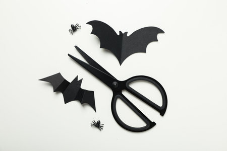 Scissors and paper bats on white background, top view