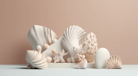 Podium in tropical style with seashells, created using Generative AI technology.の素材