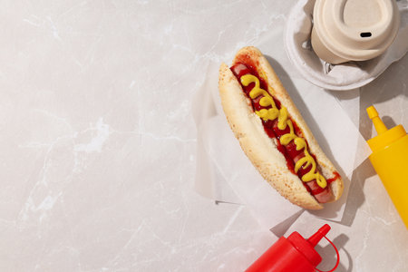 Hot dog, sauces in bottles and paper cup on light background, space for textの写真素材