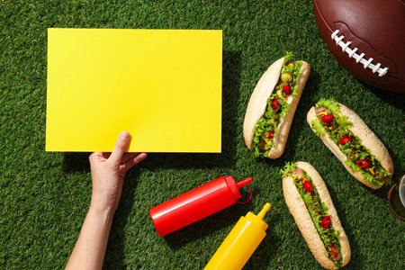 Hot dogs, sauces in bottles, ball and yellow pepper in hand on green background, top viewの写真素材