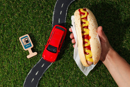 Hot dog with sauce in hand, road and toy car on green background, top view
