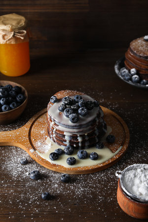Chocolate pancakes, tasty breakfast, concept of delicious foodの写真素材