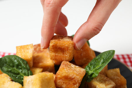 Fried tofu with leaves in a bowl close-upの写真素材