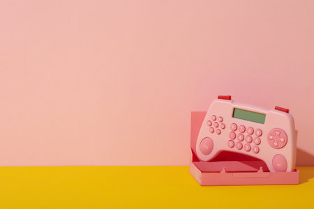 Calculator and cassette case on pink background, space for textの写真素材