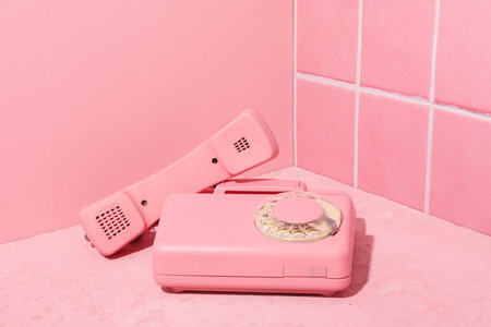 Landline phone on pink table on pink backgroundの写真素材