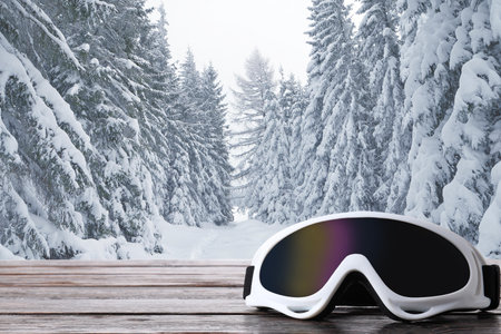 Snowboard goggles on the background of a winter forestの写真素材