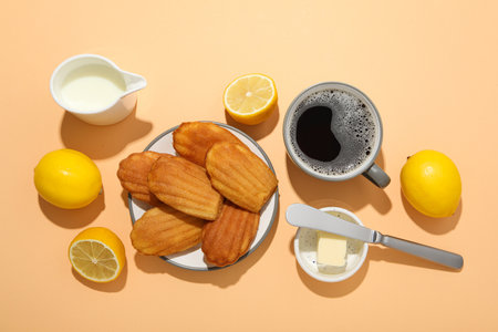 Madeleine cakes, cup of coffee, milk jug, lemons and butter on orange background, top viewの写真素材
