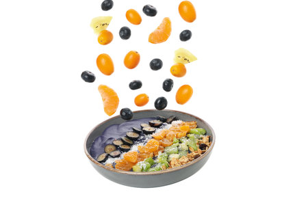 PNG, Bowl of smoothie, skewers with fruits and berries in hands, isolated on white backgroundの写真素材