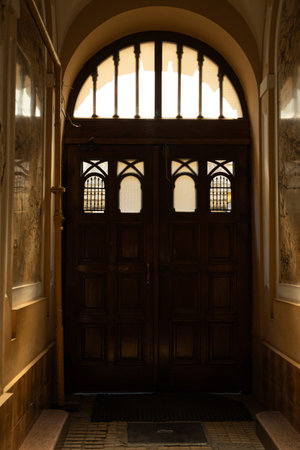 Close-up view of an old wooden massive doorの写真素材