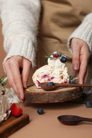 Meringue roll, concept of tasty and delicious foodの写真素材