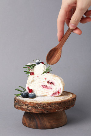Meringue roll, concept of tasty and delicious foodの写真素材
