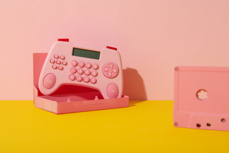 Cassette, case and calculator on yellow table on pink background
