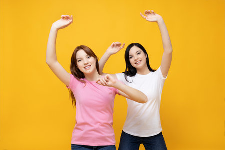 Two sisters are dancing on a yellow backgroundの写真素材