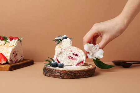 Meringue roll, concept of tasty and delicious foodの写真素材