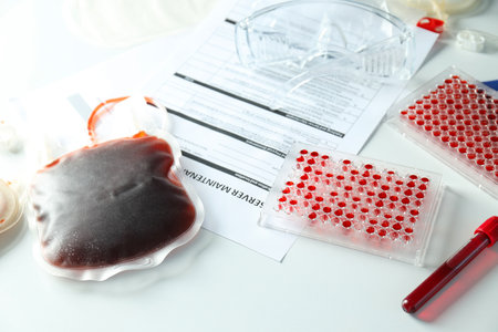 Human blood in test tubes on the tableの写真素材